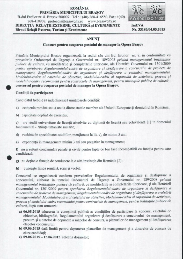Anunț concurs manager Opera Brașov