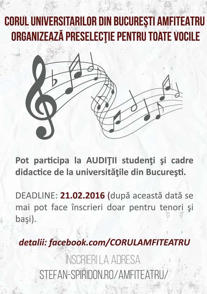 Corul Universitarilor din Bucureşti AMFITEATRU organizează preselecţie pentru toate vocile.