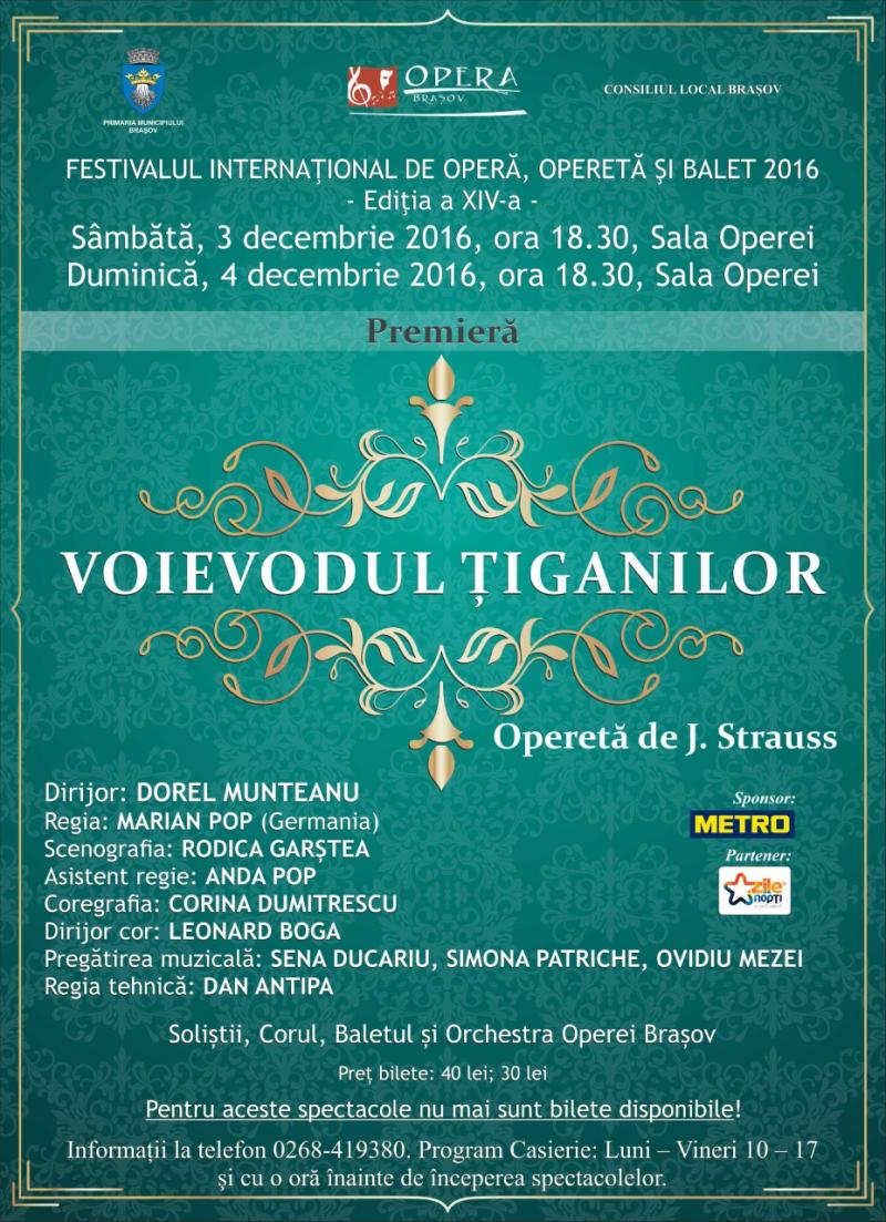 Premiera "Voievodul țiganilor", operetă de J. Strauss, 3 - 4 decembrie 2016
