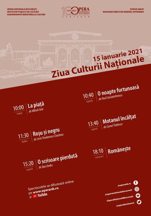 Șase spectacole online la ONB de Ziua Culturii Naționale