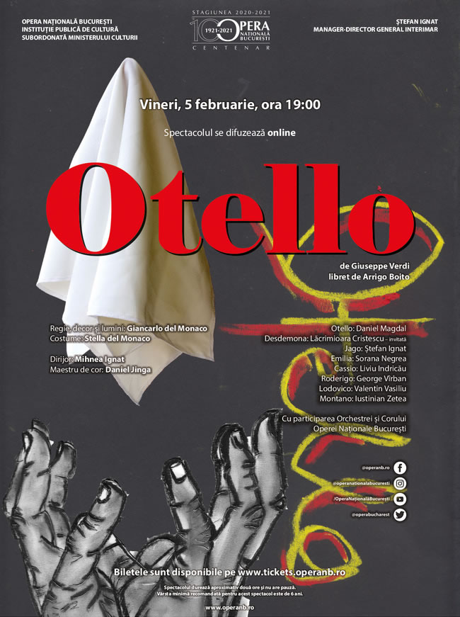 Tragedia shakespeareană „Otello” de Giuseppe Verdi, transmisă online de Opera Națională București