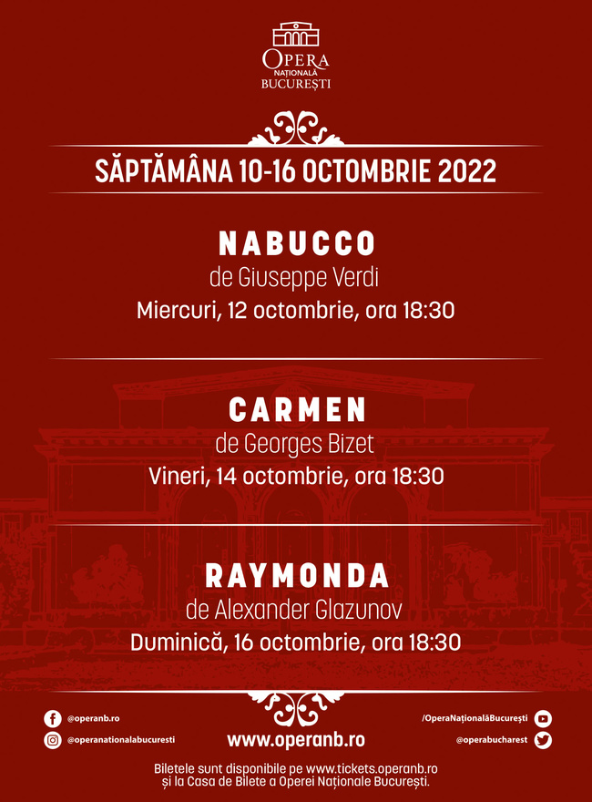 „Carmen”, „Nabucco” și „Raymonda”, în luna octombrie pe scena Operei Naționale București