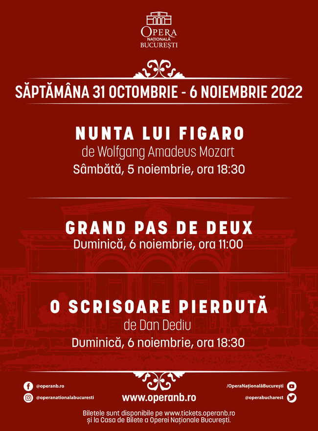 „Nunta lui Figaro” și „O scrisoare pierdută”, în prima săptămână din noiembrie pe scena  Operei Naționale București
