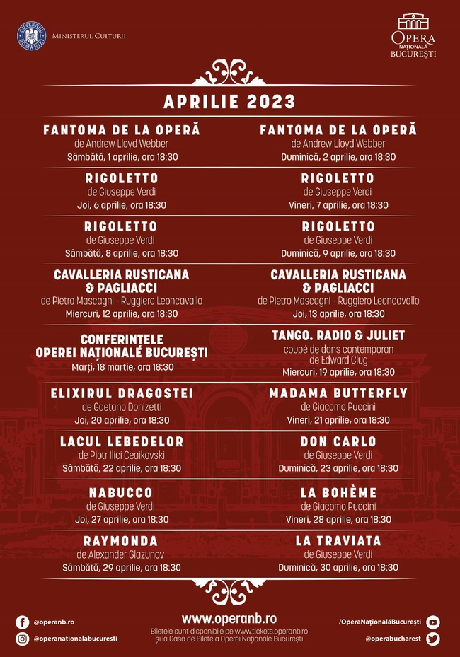 Magia spectacolelor de operă și balet ale Operei Naționale București din luna aprilie
