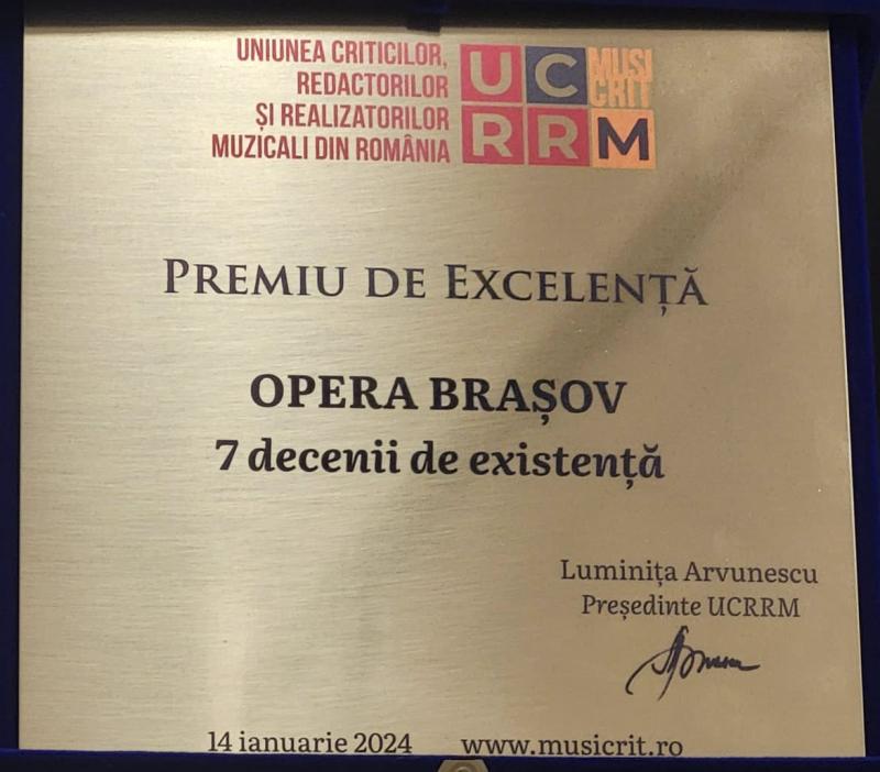 Opera Brașov a fost distinsă cu Premiul de Excelență pentru împlinirea a 70 de ani de existență
