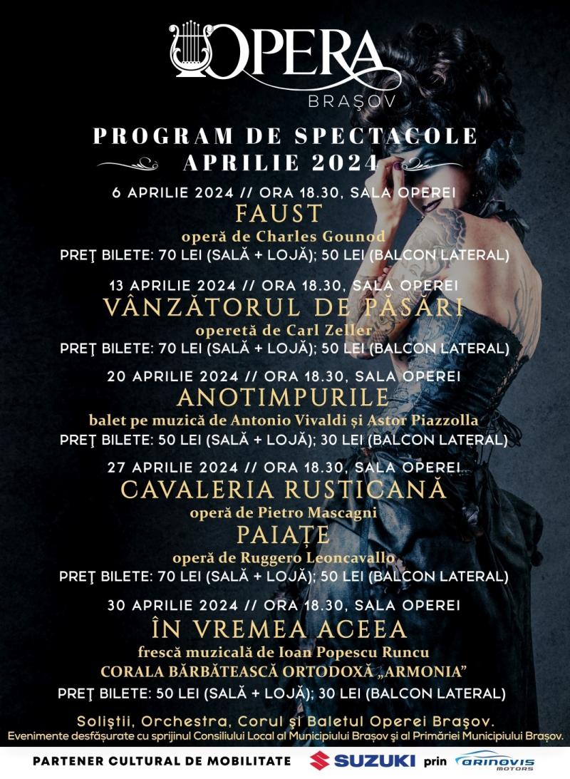 Programul Operei Brașov pentru luna aprilie 2024